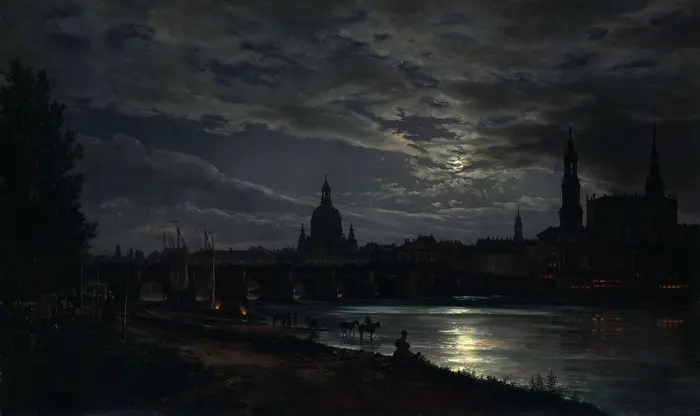Eine Ansicht von Dresden mit dem Vollmond