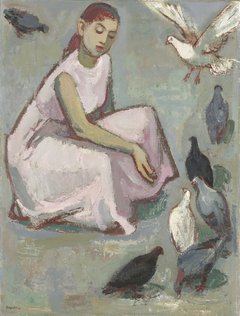 eine junge Frau hockt zwischen Tauben