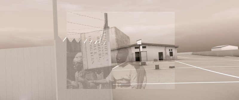 Videostill von karger Landschaft mit Haus, zum Teil überblendet