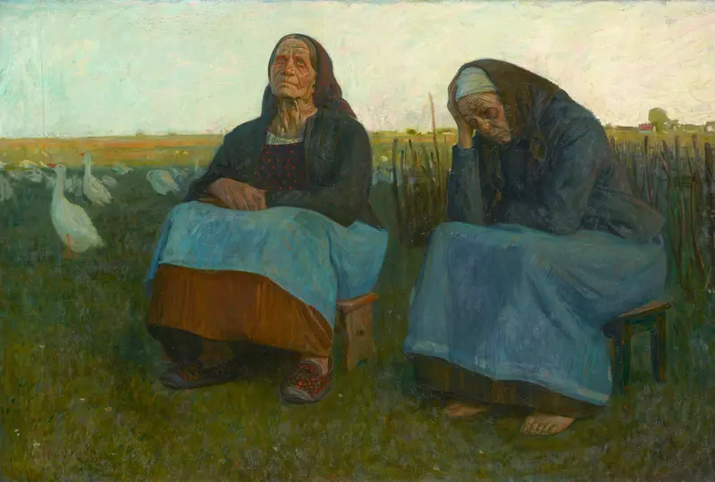 Zwei alte Frauen mit Gänsen 