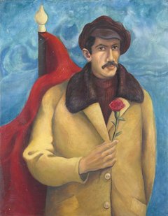 Mann mit roter Fahne und Blume in der Hand