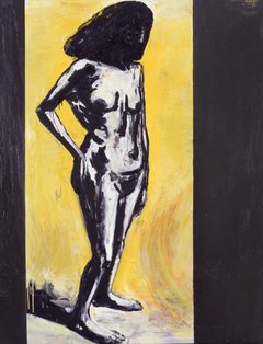 nackte Frau vor gelbem Hintergrund