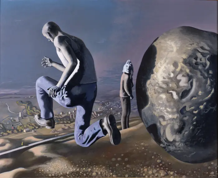 Ein surrealistisches Gemälde mit der Darstellung eines laufendes Mannes 