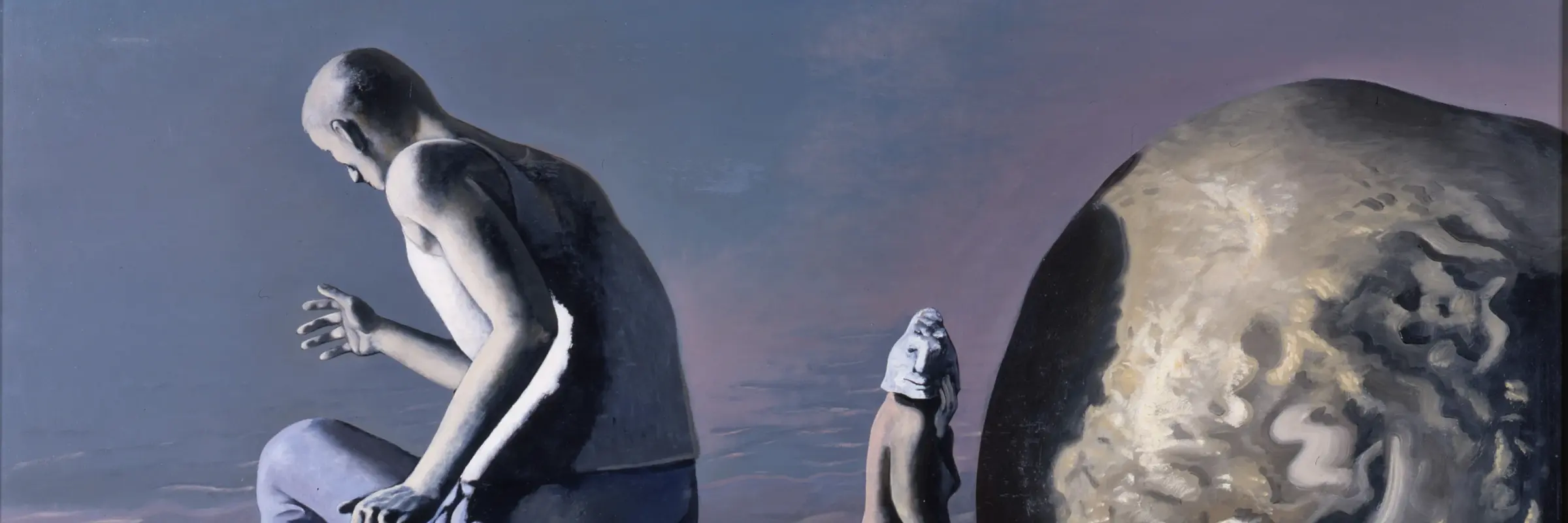 Ein surrealistisches Gemälde mit der Darstellung eines laufendes Mannes 