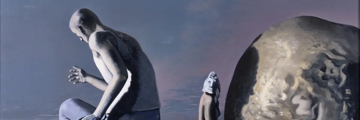 Ein surrealistisches Gemälde mit der Darstellung eines laufendes Mannes 