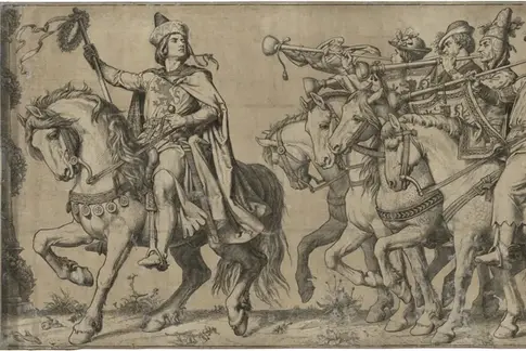 Die Zeichnung einer Gruppe Reiter mit Musikinstrumenten, angeführt von einem Reiter in stolzer Haltung.