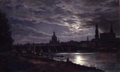 Silhouette von Dresdner Bauwerken in der Abenddämmerung, vom Elbufer aus