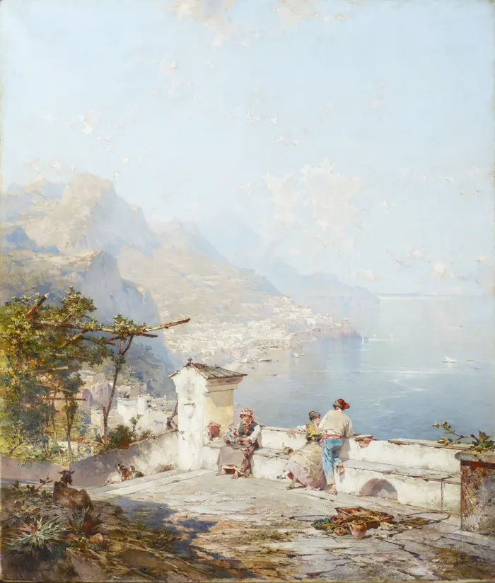 Landschaftsansicht mit Blick aufs Meer und Bergen