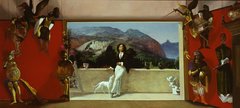 Ölbild eines Großgrundbesitzers mit einem weißen Hund, im Vordergrund Marionetten, im Hintergrund eines sizilianische Landschaft