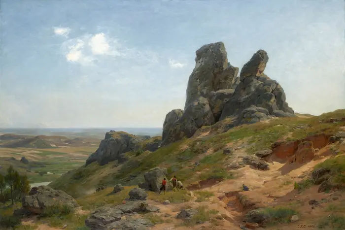 Landschaft mit Felsen und zwei kleinen Personen