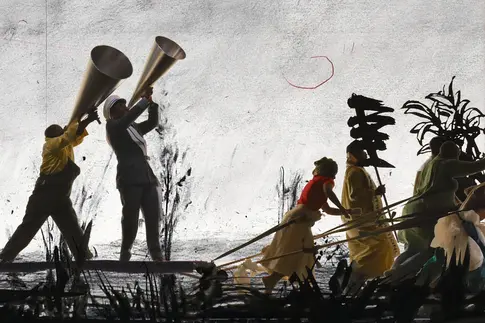 gezeichnete Figuren mit Megafonen in der Hand laufen vor einem grauen Hintergrund