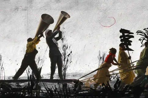 gezeichnete Figuren mit Megafonen in der Hand laufen vor einem grauen Hintergrund