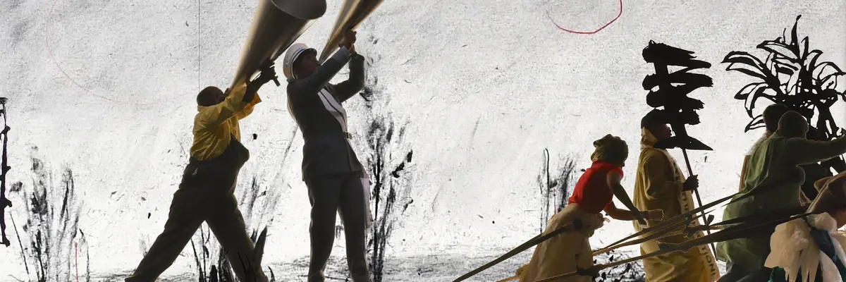 gezeichnete Figuren mit Megafonen in der Hand laufen vor einem grauen Hintergrund