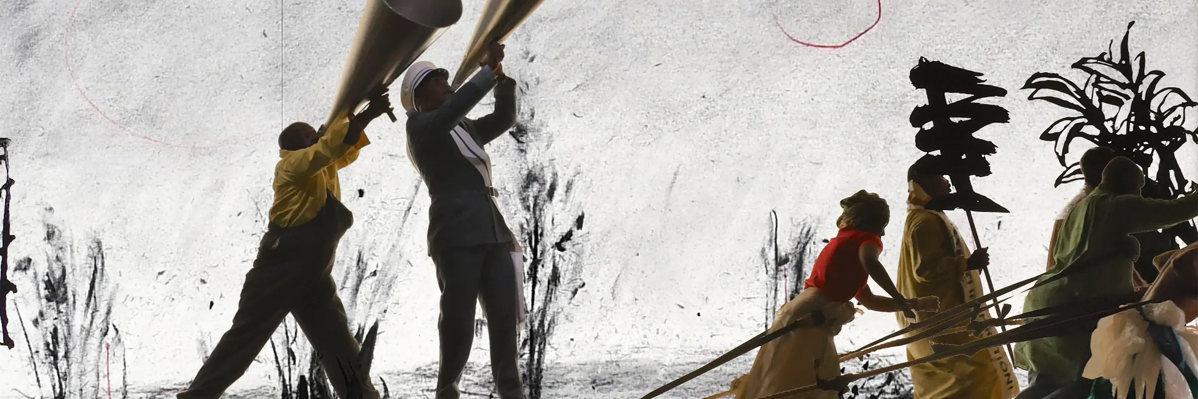 gezeichnete Figuren mit Megafonen in der Hand laufen vor einem grauen Hintergrund