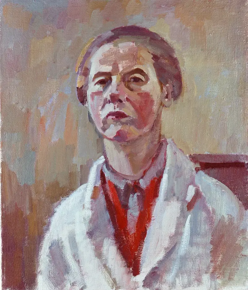 Selbstbildnis einer Künstlerin im weißen Mantel