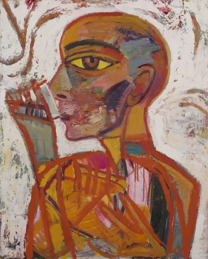 Christine Schlegel, Fine, 1984 Abstraktes Gemälde einer glatzköpfigen Person