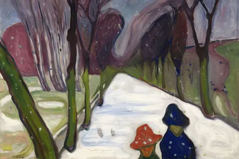 verschneiter Weg in einer Landschaft mit zwei angeschnittenen Personen im Vordergrund