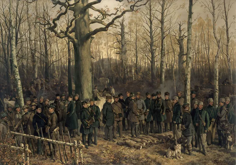 große Gruppe von Jägern im Wald, erlegte Tiere liegen nebeneinander, eine Tafel ist aufgebaut