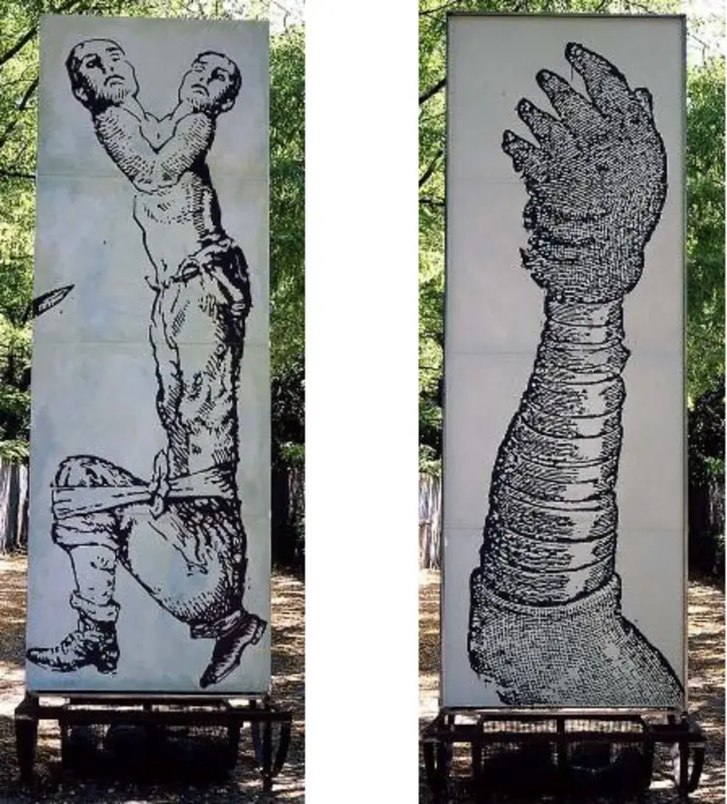 Zwei surrealistische Plakate in einem Park