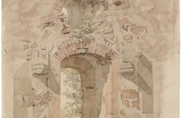 Caspar David Friedrich, Blick aus dem Kapitelsaal der Klosterruine Heilig Kreuz bei Meißen, um 1824 Zeichnung einer Mauer mit einem Durchgang und einer runden Öffnung darüber