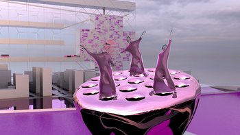 lilafarbene Plattform mit drei digitalen Figuren