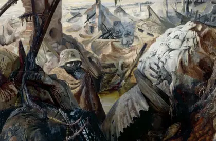 Triptychon mit Kriegsgeschehen