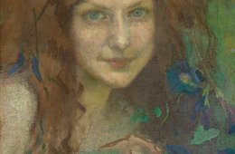 Julie Wolfthorn, Waldhexe, um 1898 Oberkörper einer Frau mit langen Haaren, bedeckt von grünen Blättern