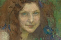Julie Wolfthorn, Waldhexe, um 1898 Oberkörper einer Frau mit langen Haaren, bedeckt von grünen Blättern