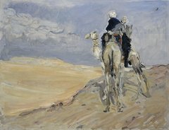 ein Mann auf einem Kamel in einer Wüstenlandschaft