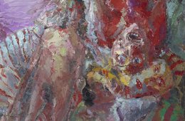 Hubertus Giebe, Akt mit 4 Figuren, 1982 abstraktes Gemälde mit vier Figuren auf einem Bett