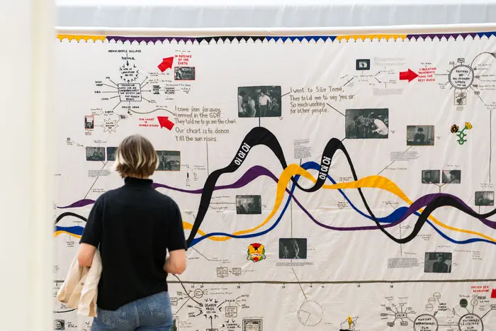 Eine Frau schaut sich ein Plakat an 