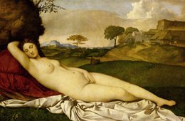 Giorgione/Tizian, Schlummernde Venus, um 1508/10 Frau liegt nackt auf Tüchern in einer Hügellandschaft, im Hintergrund einige Bäume und Häuser