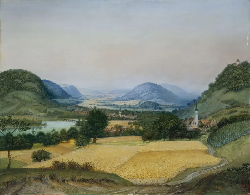 Landschaft, Felder, Bäume, Häuser, Idylle, See, Weite, Himmel, Natur