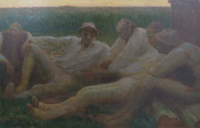 Männer machen Pause nach anstrengender landwirtschaftlichen Arbeit 