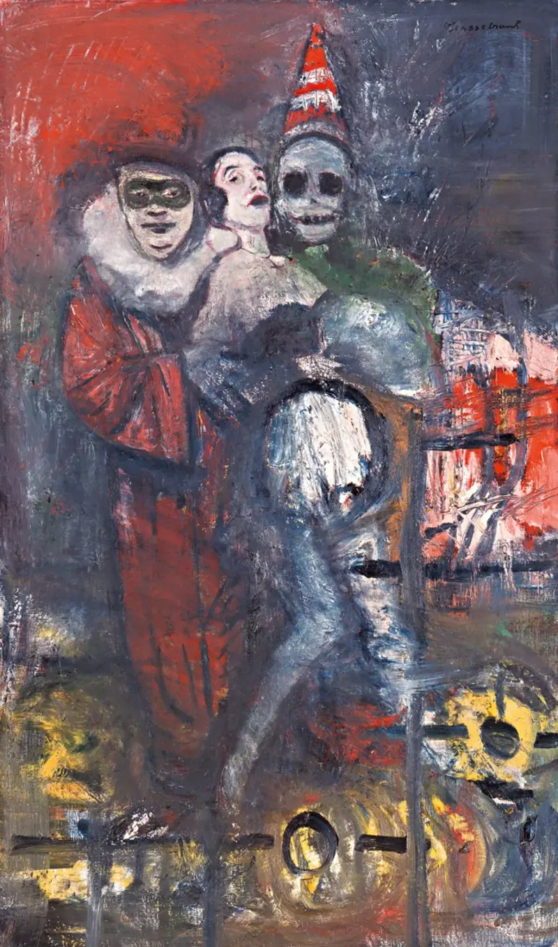 drei Personen inmitten einer abstrakten Feuersbrunst