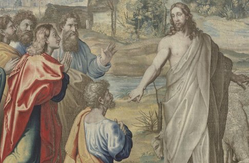 Ein Teppichbild mit einem verzierten Rahmen und einer Darstellung von Jesus Christus und 12 Jüngern. 