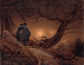 zwei Männer im Wald betrachten den Mond