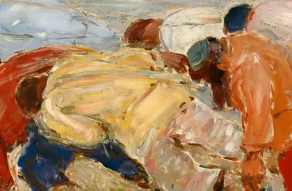 Impressionistisches Gemälde mit der Darstellung der Schiffszieher an der Wolga