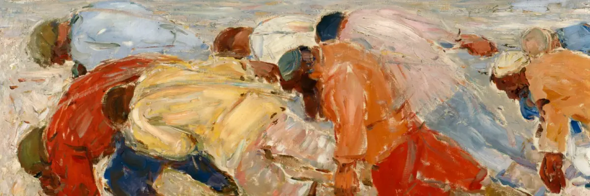 Impressionistisches Gemälde mit der Darstellung der Schiffszieher an der Wolga